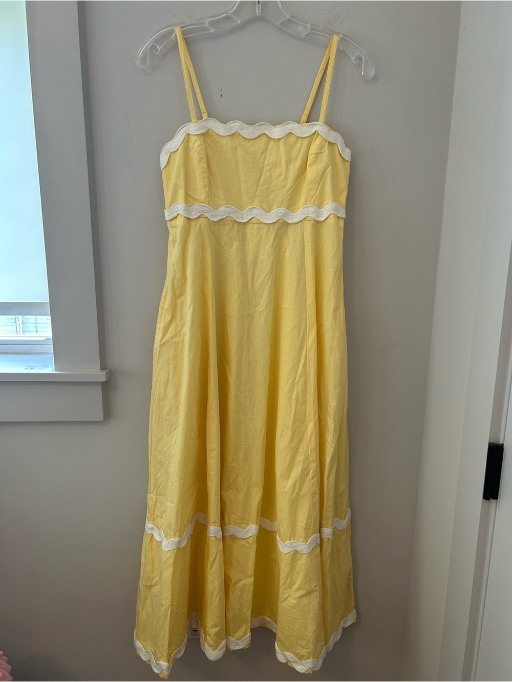 Sunny Yellow Maxi Slip Dress with White Scallop Trim